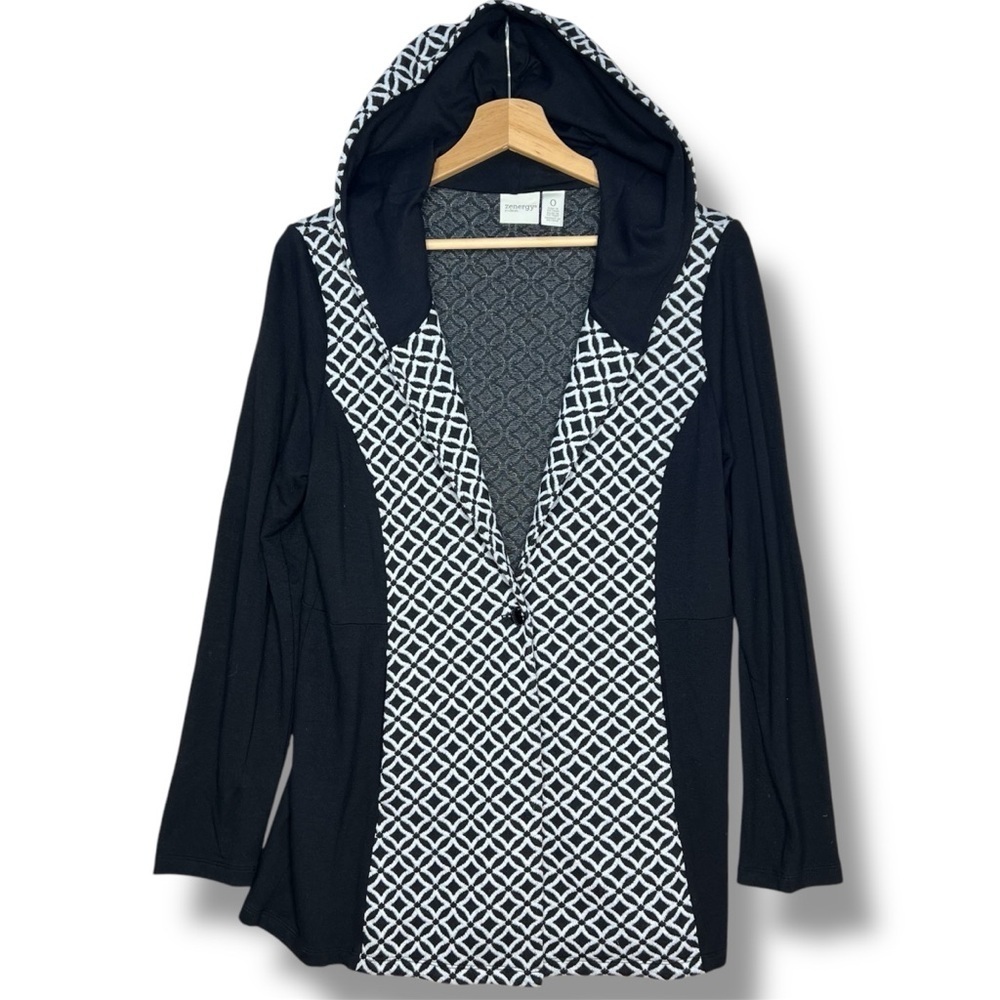 Chico’s‎ Zenergy Hooded Cardigan Jacket 0 Geometric Layering Sweater Pockets S/4